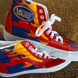 NEW Womens sz8 Mens sz6.5 Vans Racer Sk8 Hi Flames Red Leather high top shoes